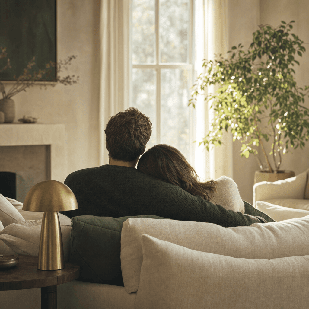 A couple on a linen sofa in a bright living room, seen from behind, a brass lamp on the table beside them