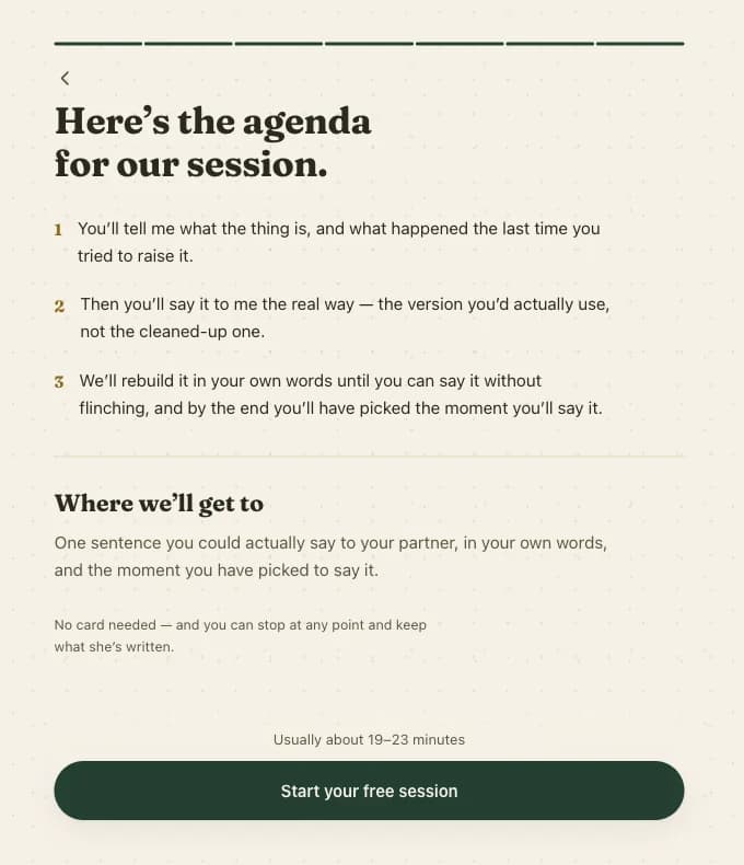 The agenda screen, listing the three parts of the session and where it will get to