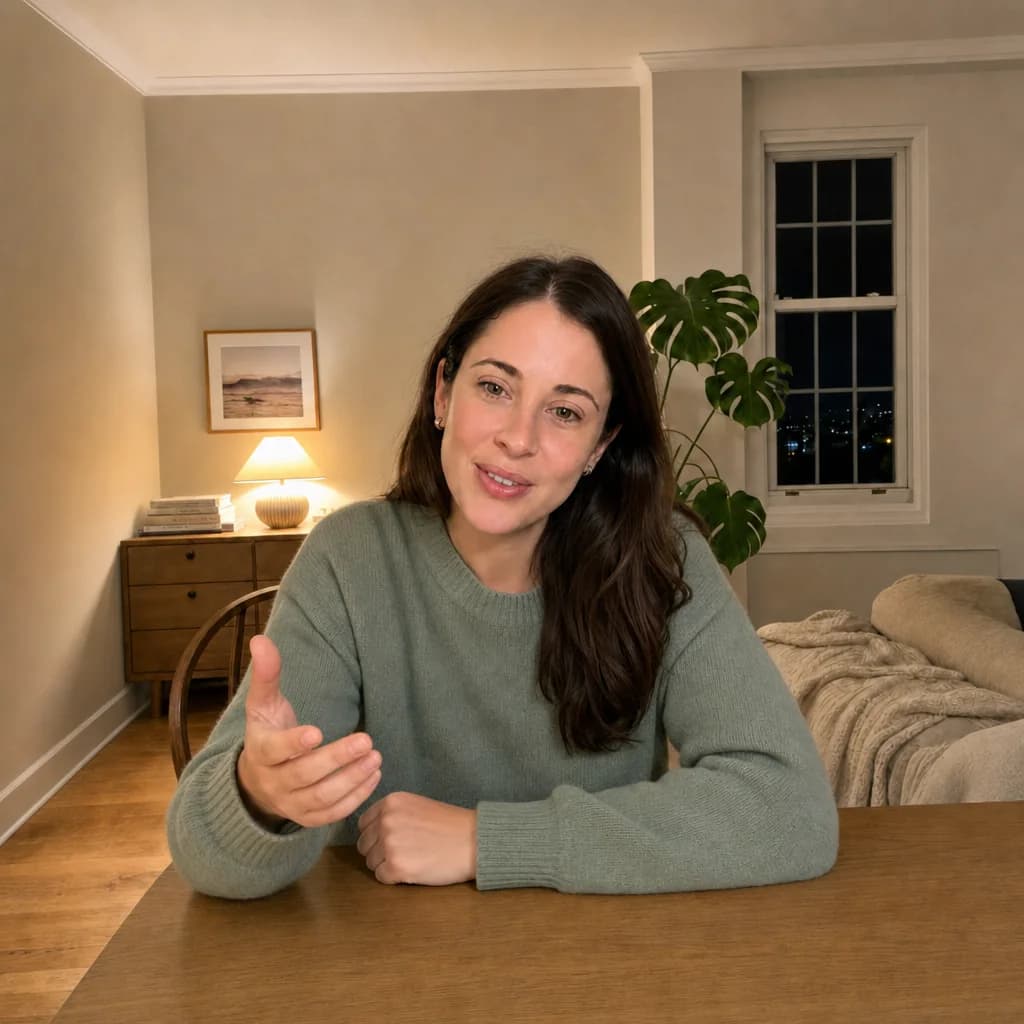Sam, on the call from her living room, mid-sentence and leaning in