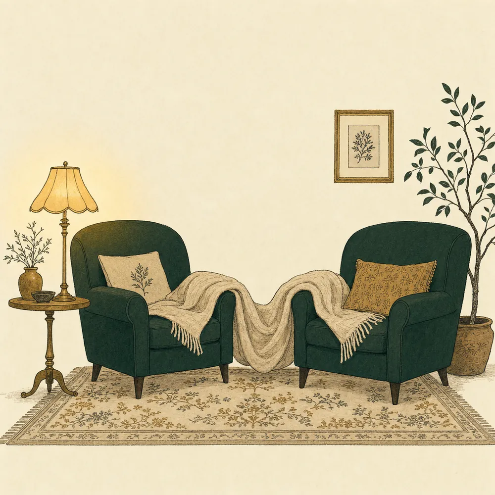 Two armchairs pulled close in a lamplit sitting room with a single wool blanket draped across both arms