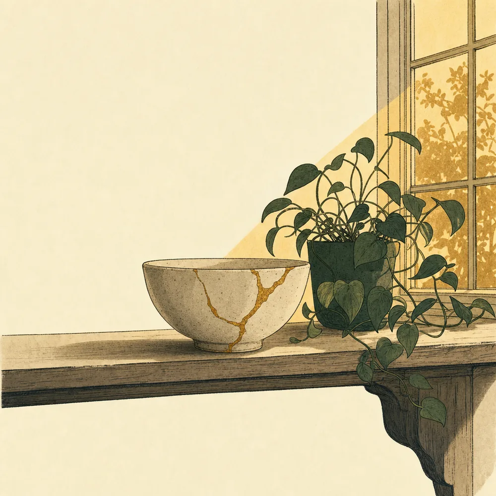 A mended ceramic bowl on a windowsill in warm afternoon light, the repaired seam clearly visible along its side