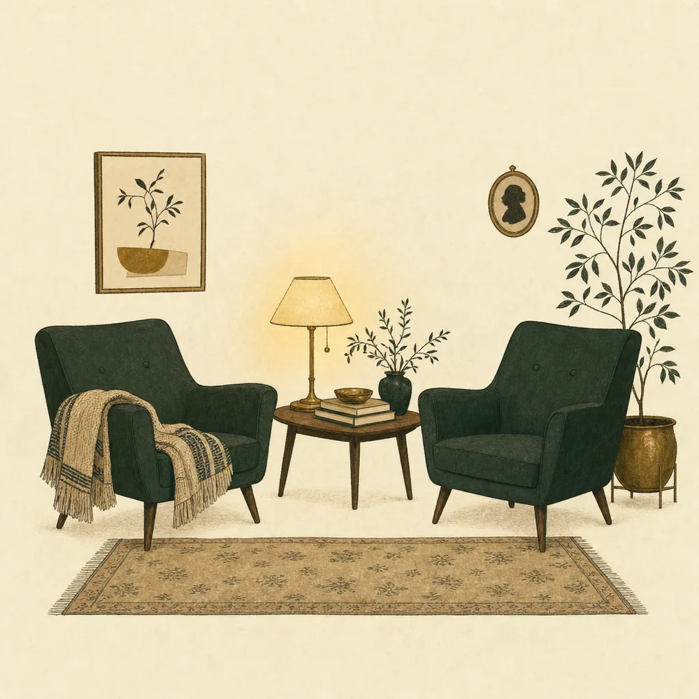 Two armchairs in a lamplit room, angled slightly away from one another