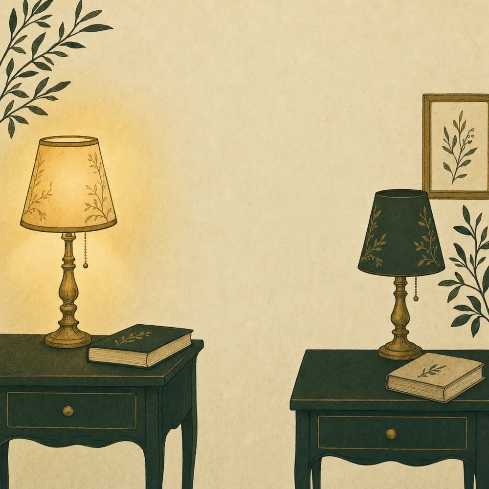 Two bedside tables on opposite sides of a room, each with a lamp and a book, one lamp lit and one dark