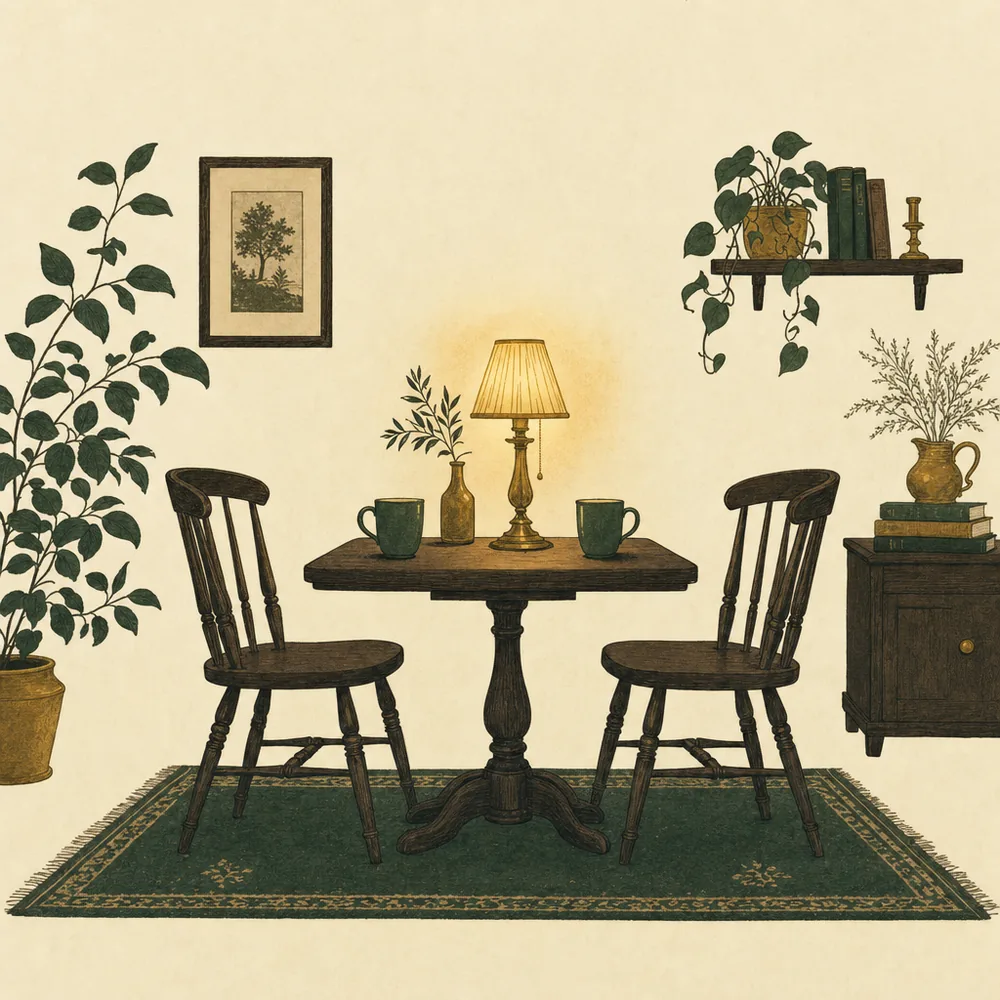 Two mugs facing each other squarely across a small table in lamplight