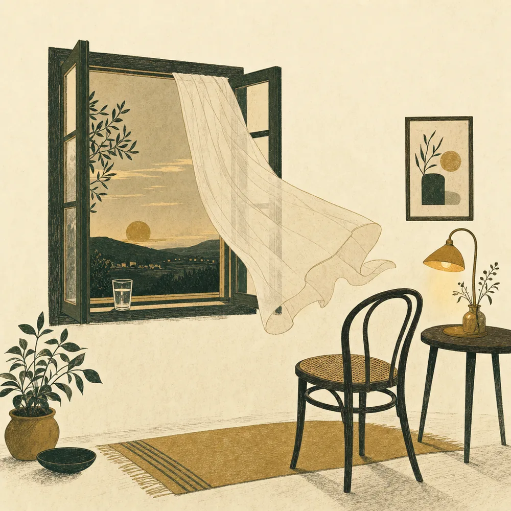 An open window at dusk with a curtain lifting, a chair beside it