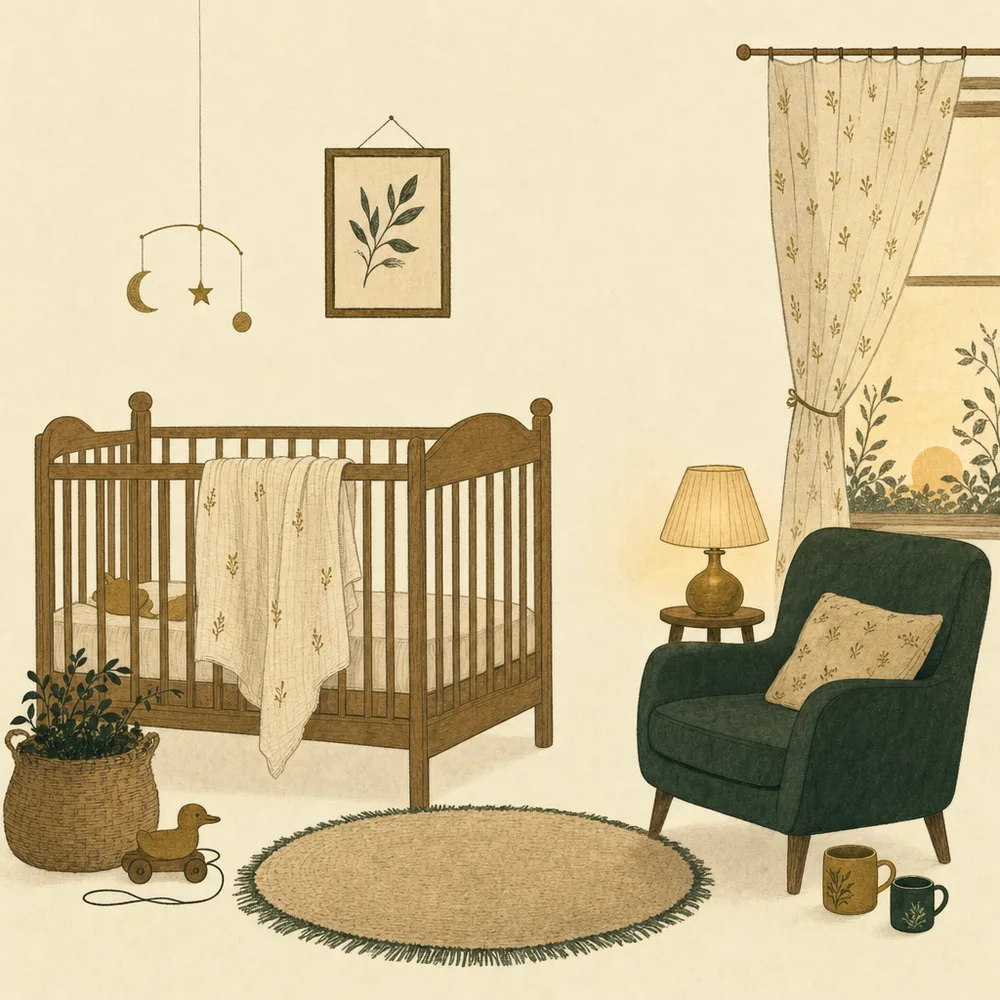 A nursery corner at first light with a wooden cot, a folded muslin over the rail and two mugs left on the floor beside a low chair