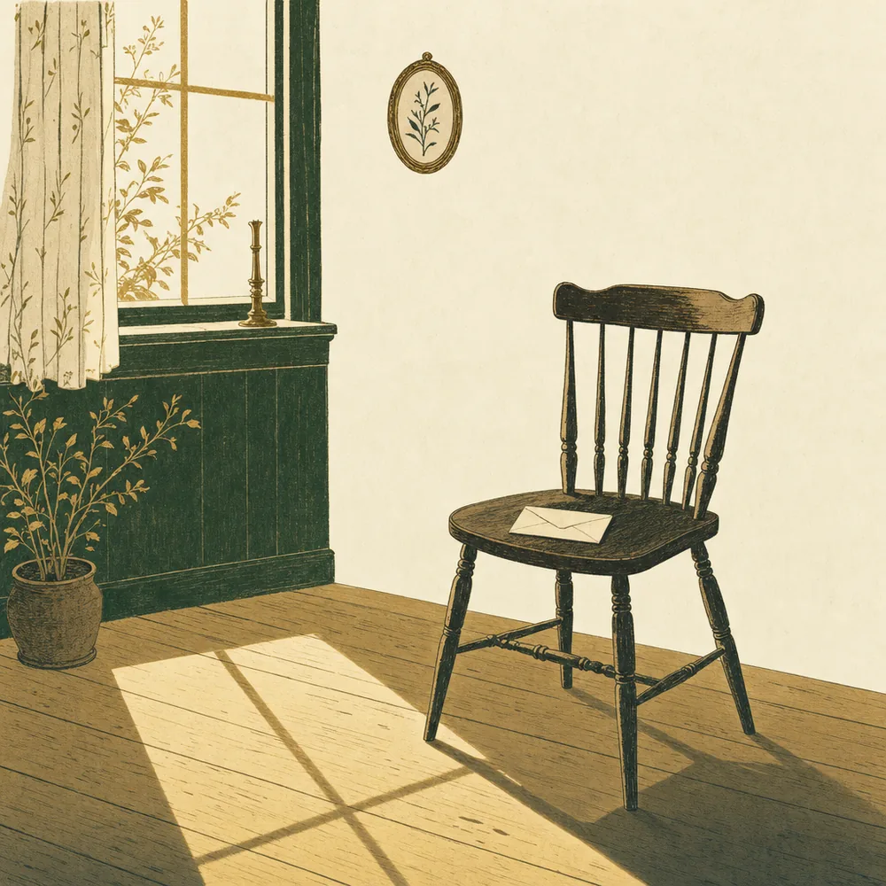An empty wooden chair by a window in warm afternoon light, an unopened letter resting face-down on the seat