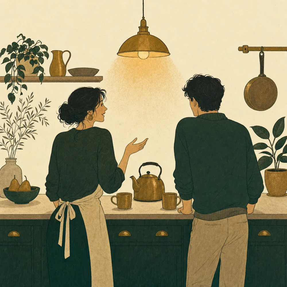 Two people at a kitchen counter in the evening, one turning toward the other