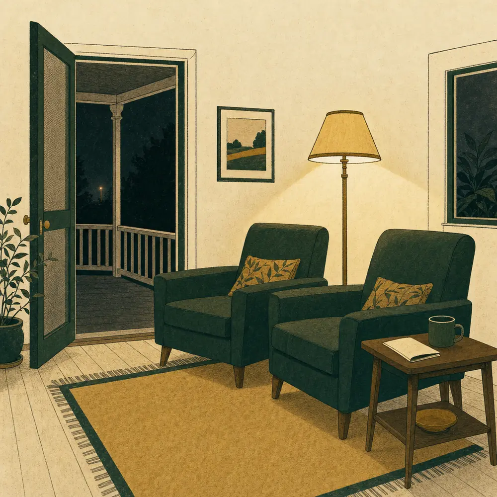 A suburban living room at dusk, two armchairs drawn close together under a standing lamp, a screen door open onto a dark empty verandah, and a folded leaflet and a cooling mug on the side table