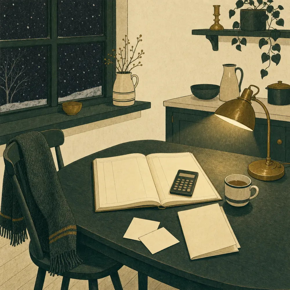 A kitchen table beside a dark window on a winter night, an open ledger and a pocket calculator under a brass desk lamp, a folded blank pamphlet and a cooling mug of tea beside them, a woollen scarf over the empty chair