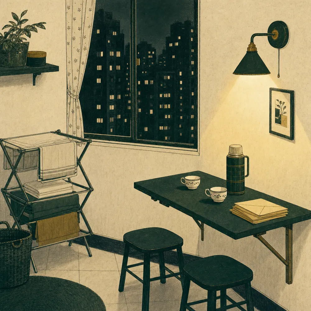 A small high-rise apartment room at night, two low stools drawn up to a narrow folding table under one wall lamp, with two teacups, a thermos and a stack of unopened envelopes, and the dark towers of neighbouring blocks through the window