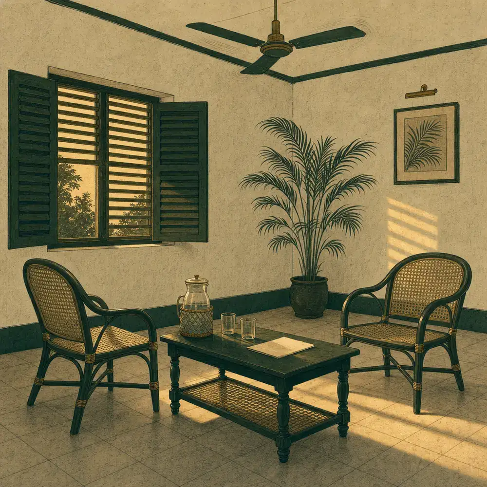 A tiled sitting room at dusk under a slowly turning ceiling fan, two rattan chairs placed facing each other across a low table with a covered water jug, two glasses and a single folded sheet of paper, evening light falling in slats through louvred shutters