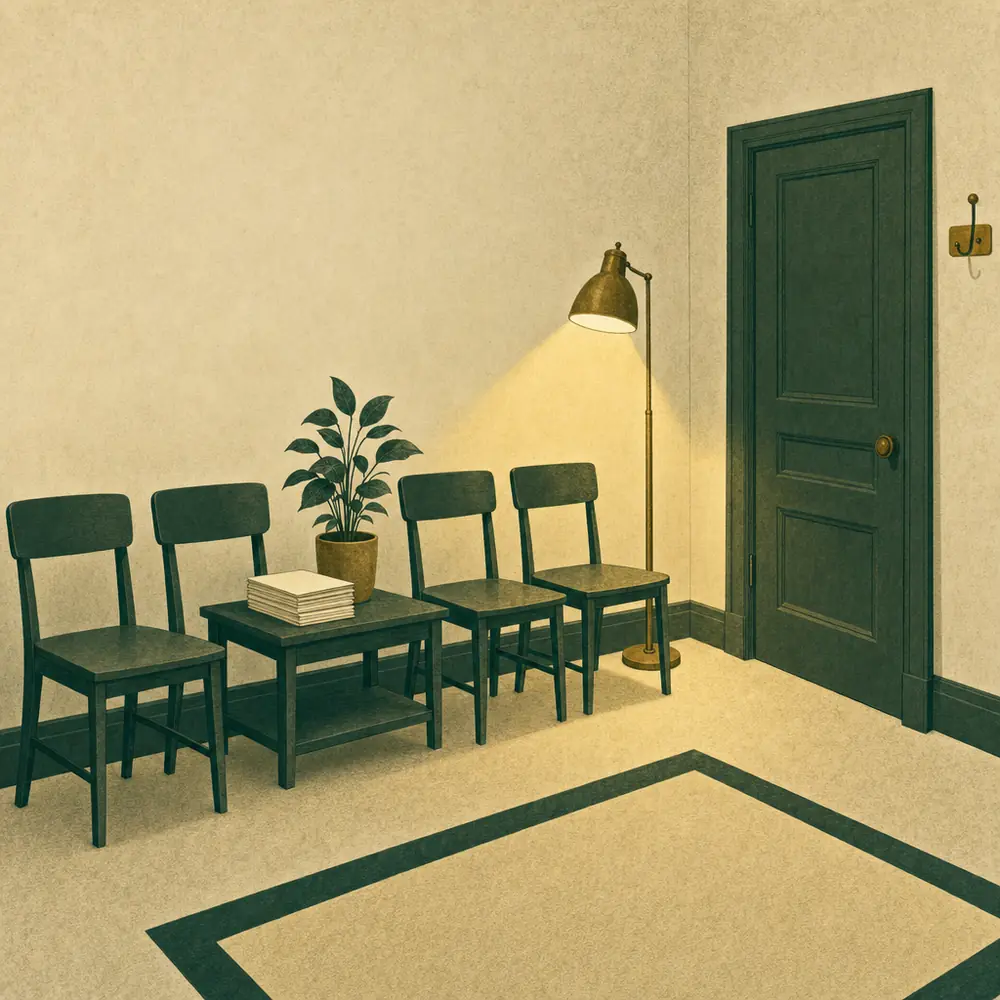 A small empty waiting room in the evening, four plain wooden chairs against the wall, a low table with a stack of blank magazines and a potted plant, one floor lamp still lit beside a closed door
