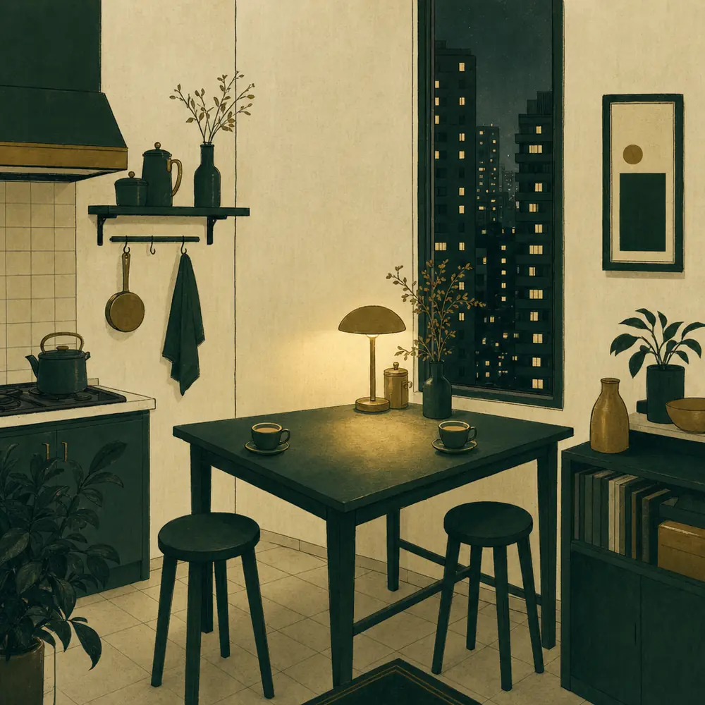 A small high-rise apartment kitchen at night, two stools at a narrow table with two cooling cups of tea under a low lamp, and distant apartment towers as dark stacked shapes through the window