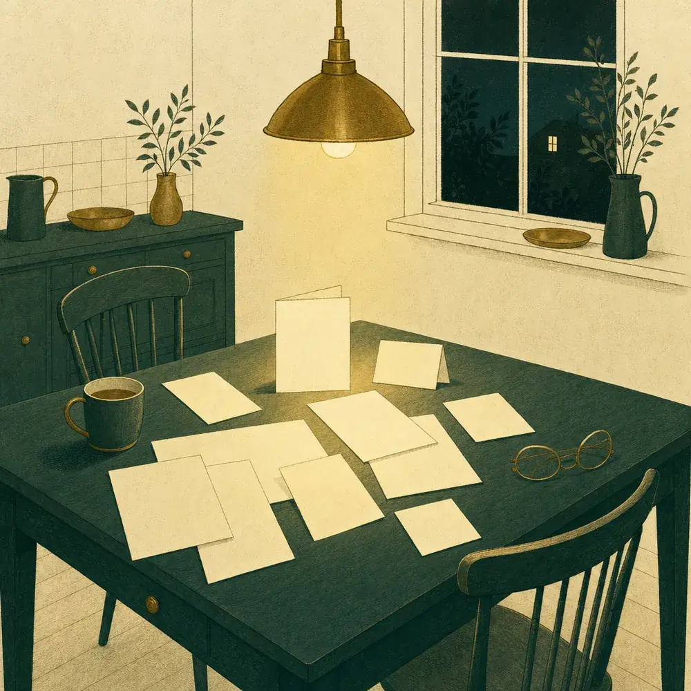 A kitchen table at night under a brass pendant lamp, spread with blank unmarked cards and folded leaflets laid out like options being compared, a cooling mug of tea and a pair of reading glasses beside them