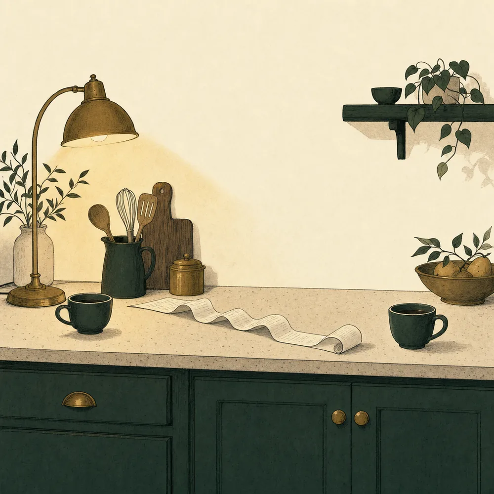 A kitchen counter at dusk with two coffee cups left at opposite ends and a long curled receipt between them