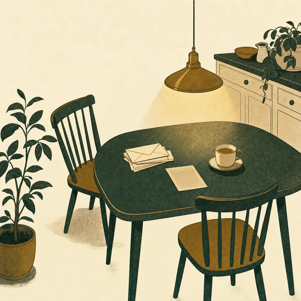 A kitchen table at night with a stack of unopened envelopes, a bank statement and a cooling cup of tea, one chair pushed back from the table