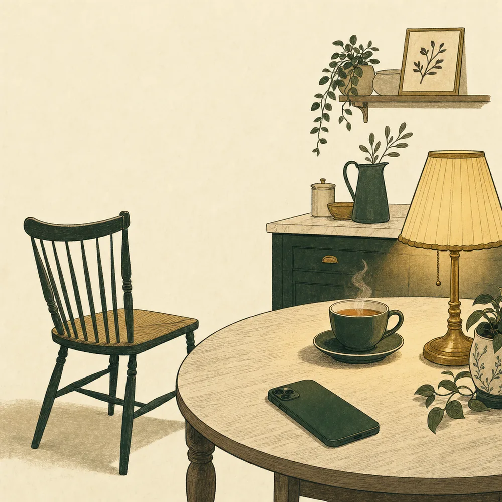 A phone lying face-down on a kitchen table beside a cooling cup of tea in lamplight, with an empty chair pushed back