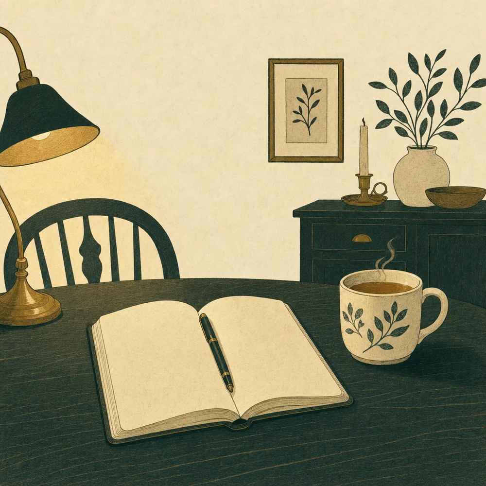 A notebook open on a kitchen table beside a cooling mug, in lamplight