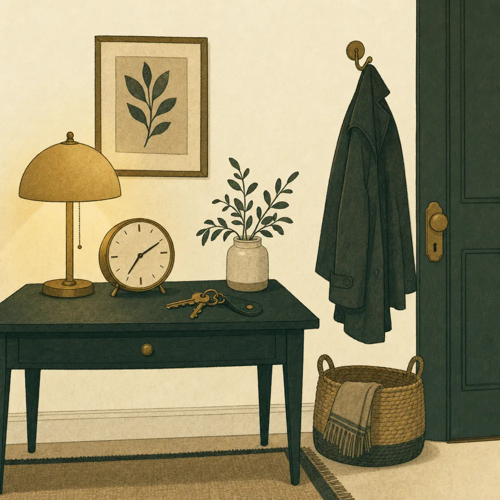 A clock and a set of house keys on a hallway table in evening lamplight, with a coat hung by the door
