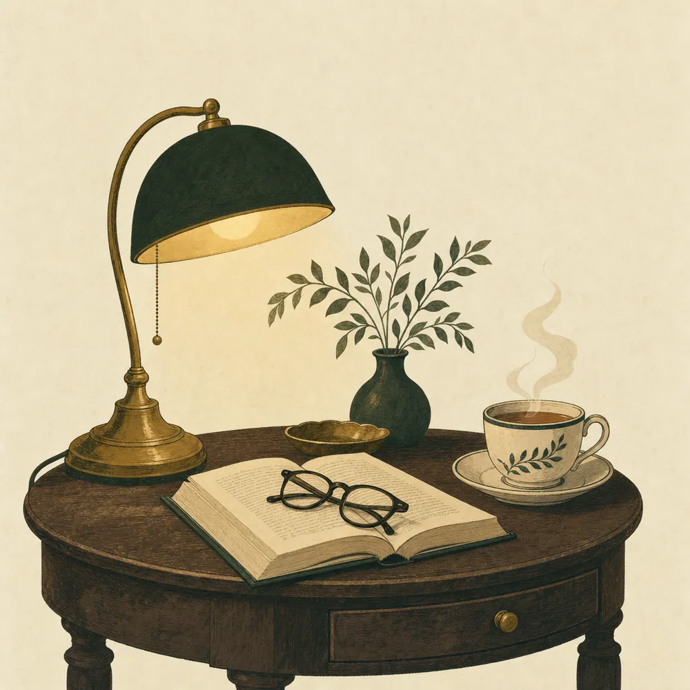 A side table under a lamp with a book left open, reading glasses laid down across the page and a cup of tea still steaming beside it