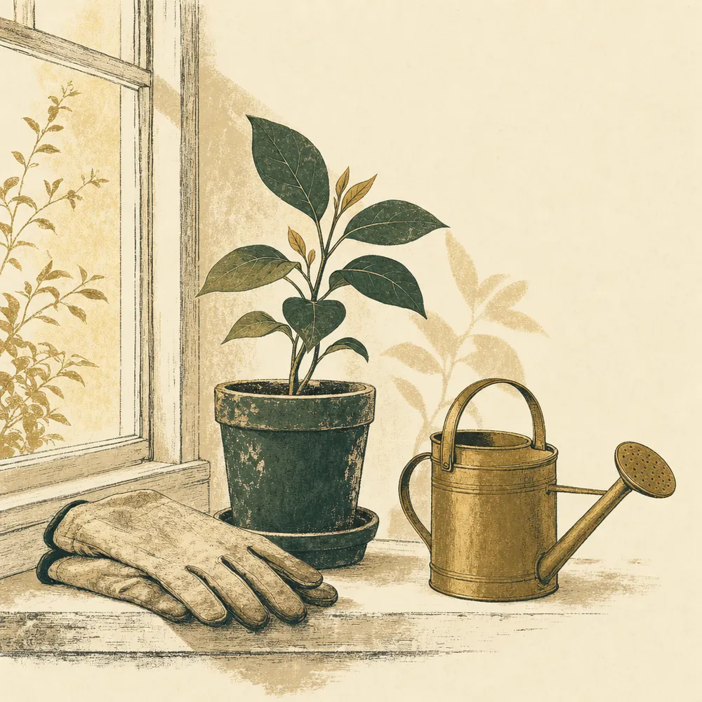 A sunlit windowsill with a young potted plant putting out new leaves, a worn pair of gardening gloves and a brass watering can