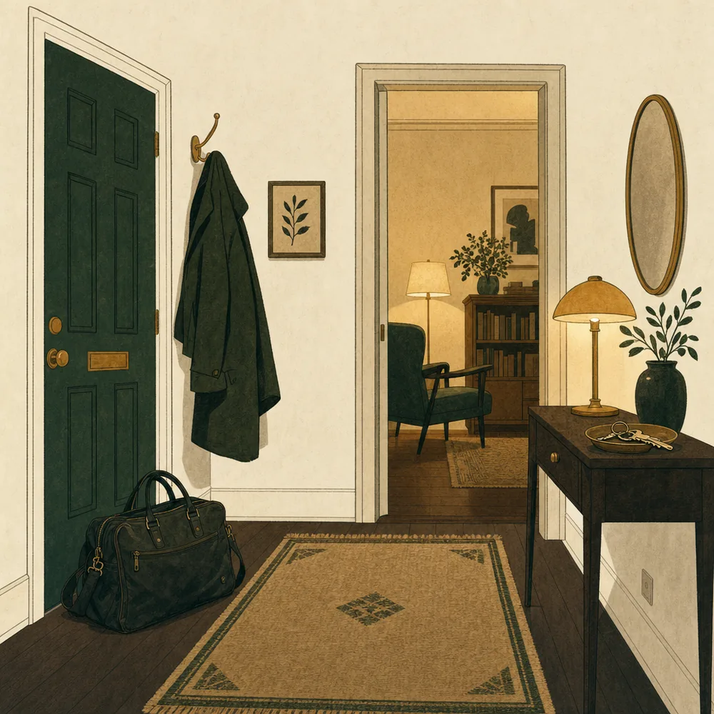 A narrow front hallway in the evening with a work bag set down by the door, a coat still on its hook and warm light from the room beyond